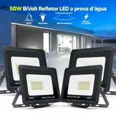 Kit 4 Refletores LED 50W Holofote Flex Bivolt IP67 Branco Frio 6500K Alta Potência à Prova D'Água