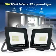 Kit 2 Refletores LED 50W Holofote Slim Bivolt IP67 Branco Frio 6500K Alta Potência à Prova D'Água