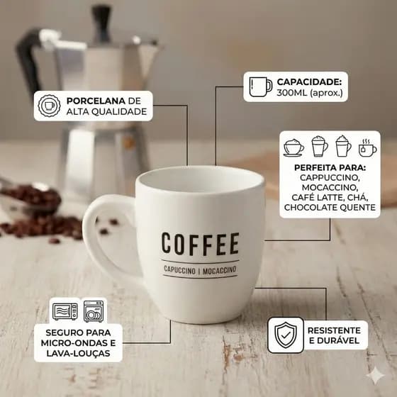 Canecas De Porcelana Copo 300ml Branca e Preta Servir Café Chá Resistente Uso Diário 6 Unidades