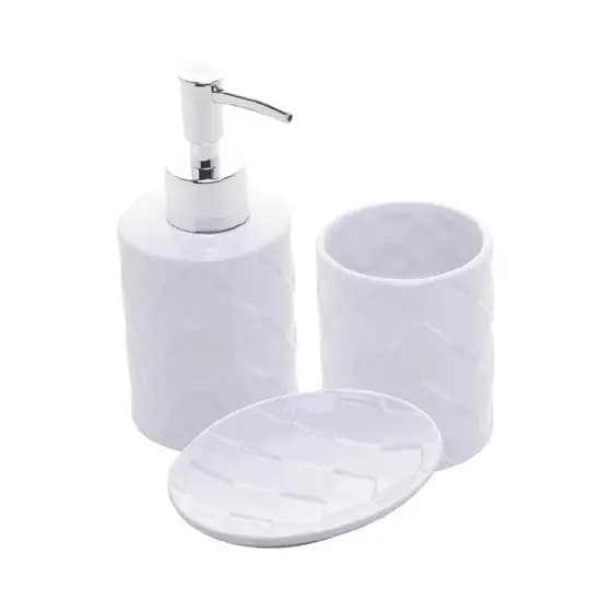 Kit Banheiro 3 Peças Cerâmica Branco Dispenser Sabonete Saboneteira Porta Escova e Pasta Lyor