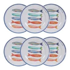 Kit 6 Pratos Rasos Em Melamina 27,7cm Estampa Naval Peixes Bacio Del Mare Para Família E Festas