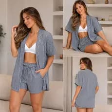 🔥 Conjunto Feminino Soltinho em Crepinho – Short Casual com Kimono Alongado