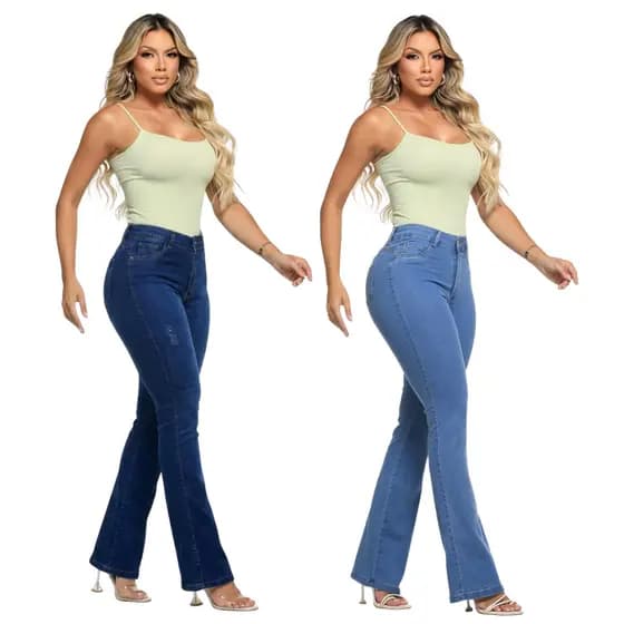 Kit 2 Calça Jeans Feminina Flare Cós Alto Empina Bumbum Lycra Premium