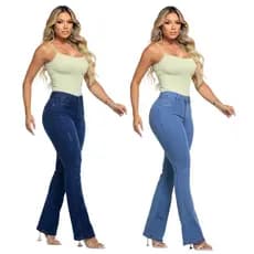 Kit 2 Calça Jeans Feminina Flare Cós Alto Empina Bumbum Lycra Premium