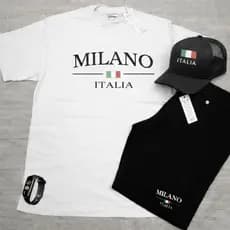 Kit Milano Italia Camisa 100% Algodão + Bermuda Tectel + Boné + Relógio Digital Plus Size P ao G3