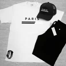 Kit Paris Camisa 100% Algodão + Bermuda Tectel + Boné + Relógio Digital Plus Size P ao G3