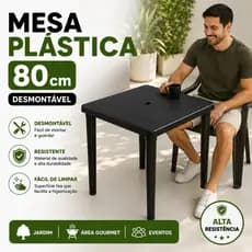 Mesa Plástica 80cm Quadrada Desmontável Preta Resistente Área Externa Cozinha Bar Jardim