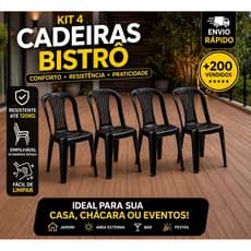 Kit 4 Cadeiras Bistrô Pretas Resistentes Empilháveis Plástico Jardim Área Externa Bar Festa