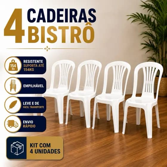 Kit 4 Cadeiras Bistrô Brancas Casa Jardim Buffet Bar Empilháveis Resistentes
