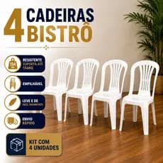 Kit 4 Cadeiras Bistrô Brancas Casa Jardim Buffet Bar Empilháveis Resistentes