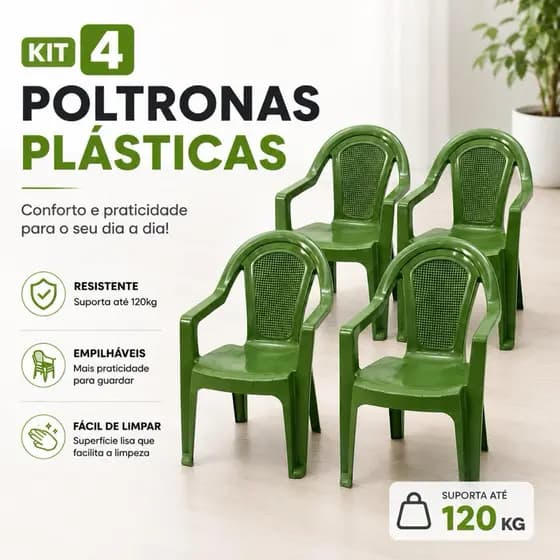 Kit 4 Cadeiras Plásticas Poltronas na cor Verde Reforçadas Empilháveis Jardim Varanda Área Gourmet Deck Eventos