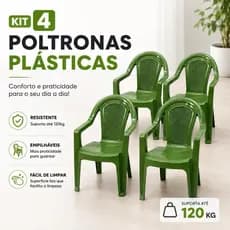Kit 4 Cadeiras Plásticas Poltronas na cor Verde Reforçadas Empilháveis Jardim Varanda Área Gourmet Deck Eventos