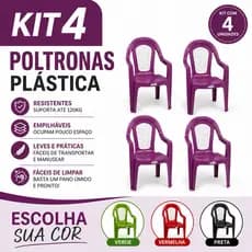 Kit 4 Poltronas Plásticas Floral Lilás Verde Vermelha Preta Reforçada Empilhável Área Externa Interna Cozinh Deck