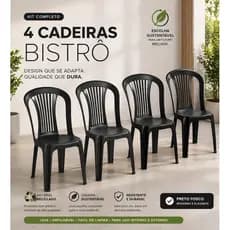 Kit 4 Cadeiras Bistrô Preta Reforçada Empilhável Festa Bar Área Jardim