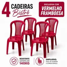 Kit 4 Cadeira Bistrô Vermelha Plástica Empilhável Reforçada Suporta 140kg Cozinha Área Externa Empilhável Eventos  Bar