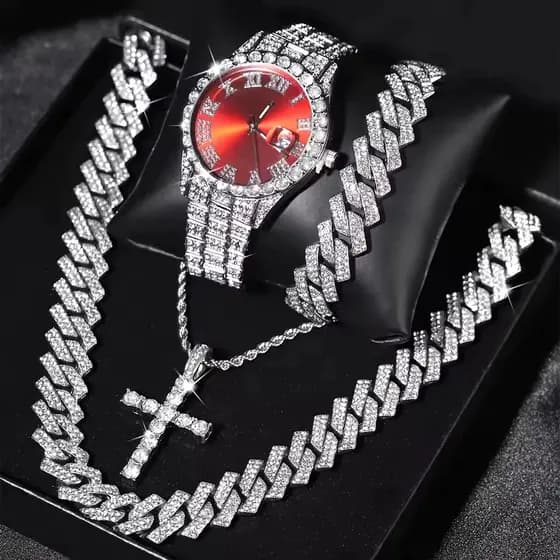 Kit Premium Ice Cravejado – Cordão, Relógio e Pulseira Estilo Trap