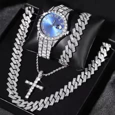 Kit ice cravejado trap (Cordão corrente Colar + Relógio ice Cravejado + Pulseira ice cravejada)