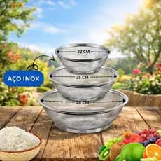 Escorredor de Aço Inox Multiuso 22cm 25cm 28cm | Escorredor para Frutas, Verduras, Arroz e Macarrão | Kit ou Unidade