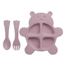 Conjunto De Prato Baby Bear Com 2 Talheres Em Bambu Cor Rosa Urso Personagem Urso