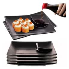 Kit Pratos Para Sushi Com Molheira Melamina Preto Retangular Comida Japonesa 19x12,5cm