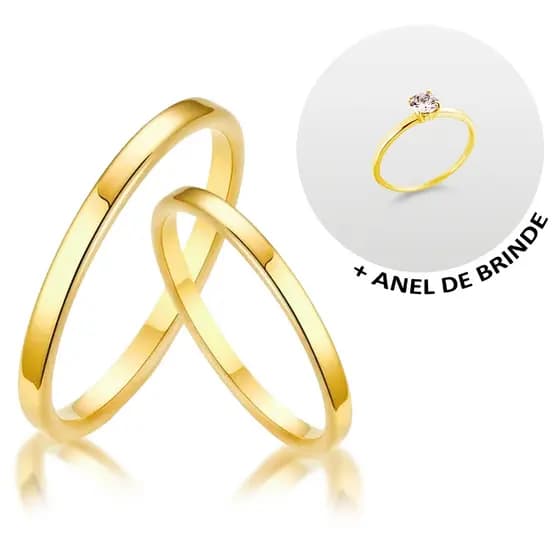 Par De Aliança Reta Moeda Antiga Mais Anel Solitário Casamento Noivado Namoro 2mm Dourada