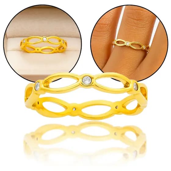 Anel Feminino Vazado com Pedras em Moeda Antiga Elegante Delicado Presente