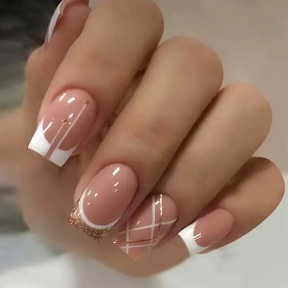 24pcs Unhas Postiças Curtas Quadradas com Cola Dicas de Design de Ballet Francês
