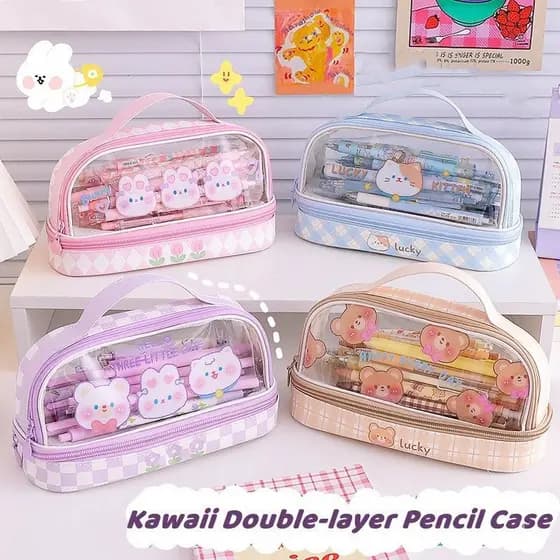 Nova Estojo de lápis Kawaii em PVC de grande capacidade Material escolar para estudantes Cosméticos * &- ** &-