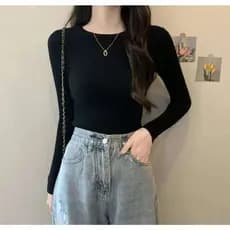 Camisa feminina fina e justa com decote em U, algodão puro, outono e inverno, com gola redonda, manga comprida