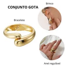Conjunto Feminino Gota Médio – Brincos, Bracelete e Anel Dourado ou Prata, Moda Elegante Bijuterias