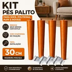 Kit 4 Pés Palito Madeira 30cm Para Móveis Sofá Poltrona Puff Com Chapinha Fixação