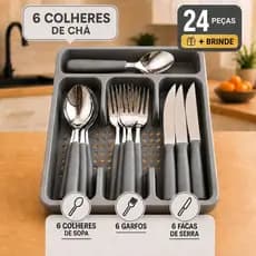 Kit 24 Talheres Inox com Suporte Gaveteiro Brinde para Cozinha Moderna
