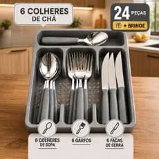 Conjunto Talheres Aço Inox 24 Peças com Suporte Gaveteiro para Mesa Posta