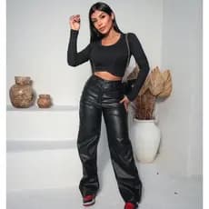 Calça Couro Fake Wide Leg Feminina Cintura Alta Preta Pantalona Retrô Blogueira Moda Gringa Balada