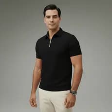 Camiseta Polo Com Ziper Manga Curta Canelada Camisa Básica Malha