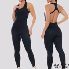 Macacão Fitness Longo Feminino Poliamida Canelado Academia Treino Confortável