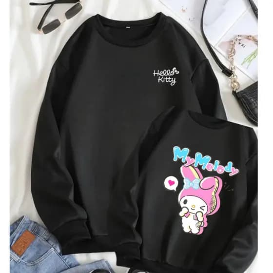 Moletom Blusa de Frio Casaco Grosso Sem Capuz Flanelado estampa Hello Kitty Kuromi & My Melody gatos
