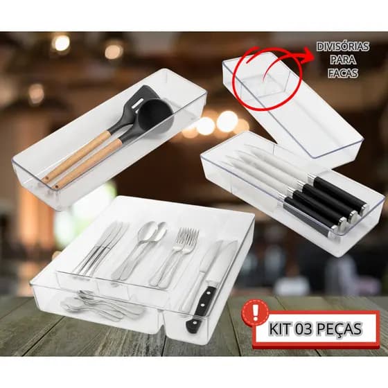 Organizador Porta Talher Acrílico Transparente 5 Divisórias Gaveta Cozinha Porta facas Porta Utensílios Resistente