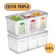 Organizador de Geladeira 6,8 Litros Com 3 Cesto Tampa Multiuso Alimentos Verduras e Vegetais