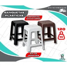 KIT 3 BANQUETA BANCO BANQUINHO CADEIRA PLASTICO REFORÇADO EMPILHAVEL PRETO BRANCO MARROM CAFE 120 KG