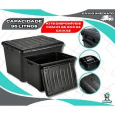 Kit 04 Caixas Organizadoras Grande 95 Litros Preta Tampa Trava Rodinha Transporte Empalhável HeavyBox Reforçada