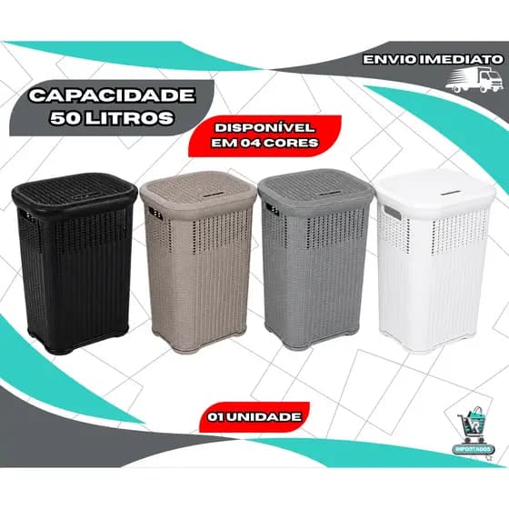 Cesto Organizador Roupa Suja Telado Rattan 50 Litros Tampa Banheiro Lavanderia Reforçado Resistente
