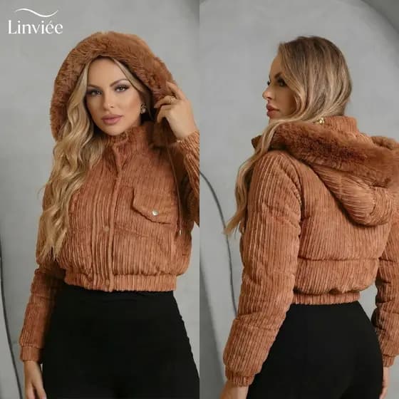 Jaqueta Feminina Cotelê Puffer Casaco Cropped Forrado Peluciada Capuz Removível Teddy