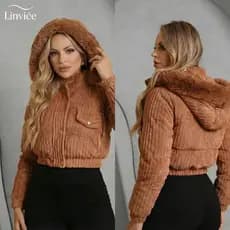 Jaqueta Feminina Cotelê Puffer Casaco Cropped Forrado Peluciada Capuz Removível Teddy