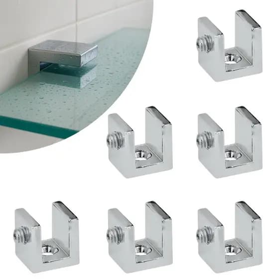 Kit 06 Suportes de fenda Cromado de Prateleira de Vidro ou Madeira 6mm Quadrado 100% Metal com Parafusos 1 Furo