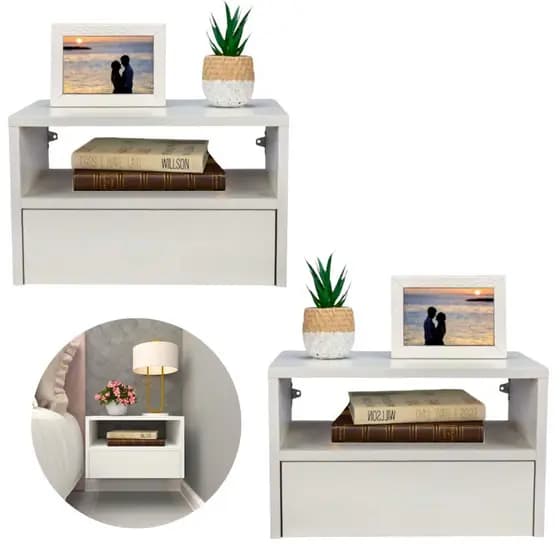 Kit 02 Mesas de Cabeceira 100% MDF Criado Mudo Suspenso 40cm com Gaveta Embaixo