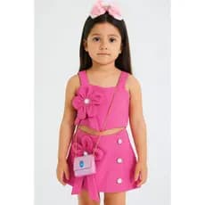 Conjunto Infantil Feminino Cropped com Laço + Saia Short com Botões