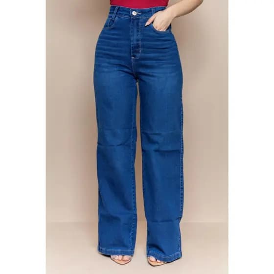 Calça Feminina Jeans Wide Leg Pantalona Cintura Alta com Lycra Premium