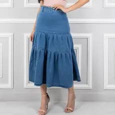 Saia Midi Jeans Evangélica 3 Marias com cinto Forrado Tendência Cintura Alta zipper lateral