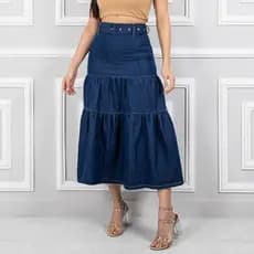 Saia Midi Jeans Evangélica 3 Marias com cinto Forrado